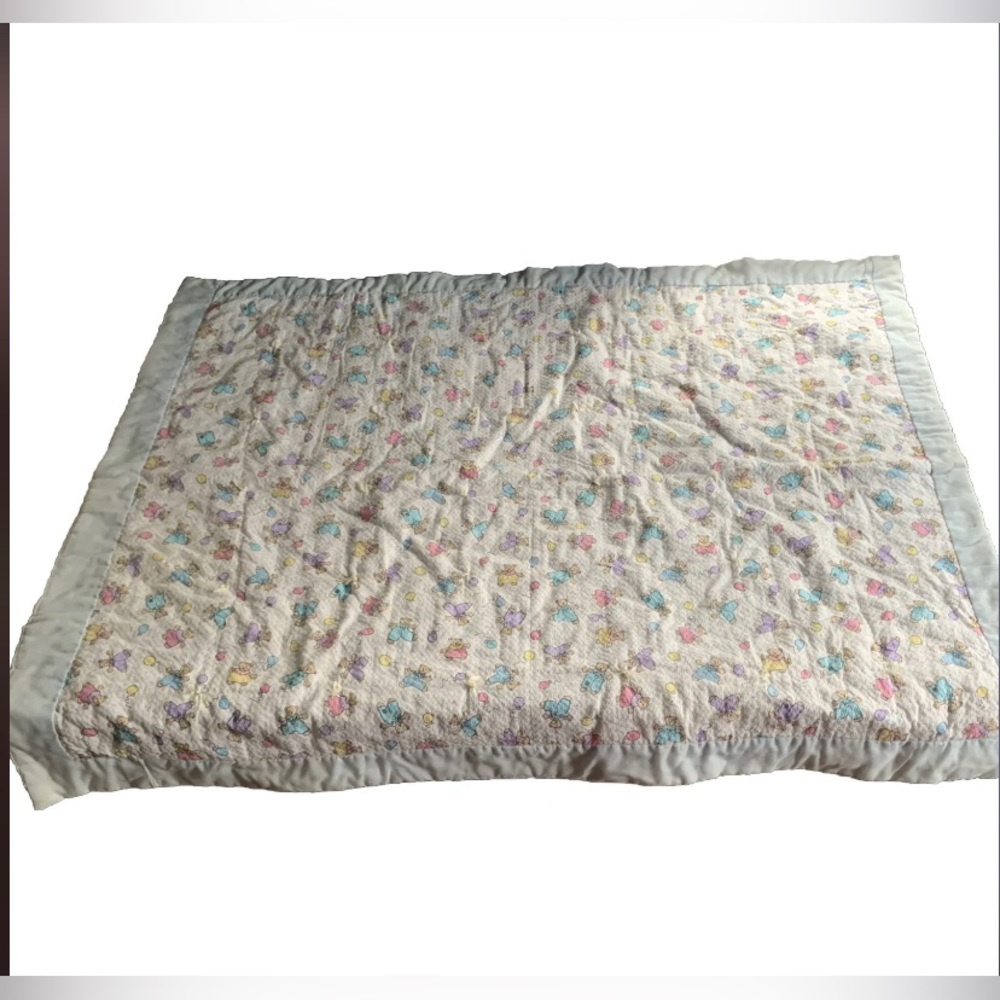 Handmade Vintage Baby Blanket Pastel Bears Seersucker Balloons